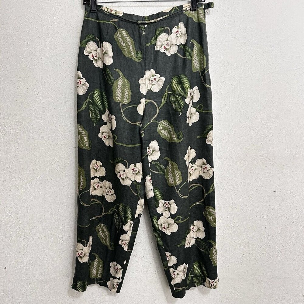 Silk Club Collection 100% Linen Crop Pants Green Floral Size 6 Fully Lined Zip